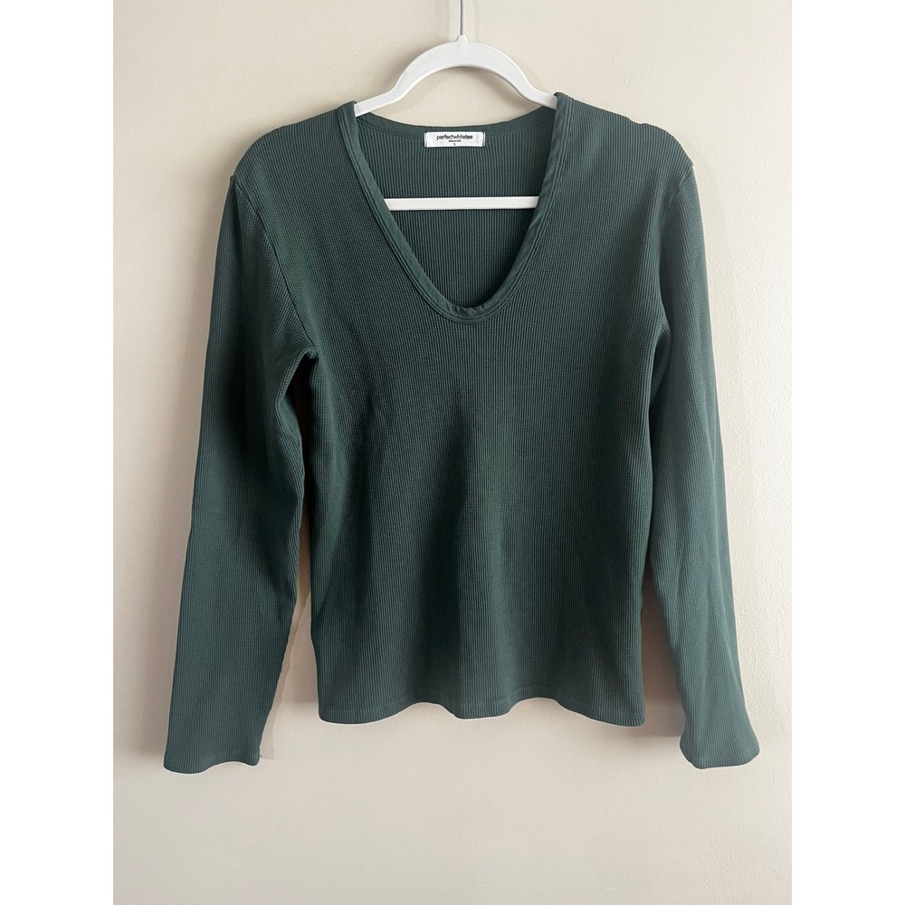 PerfectWhiteTee waffle knit long sleeve scoop neck L forest green cotton granola